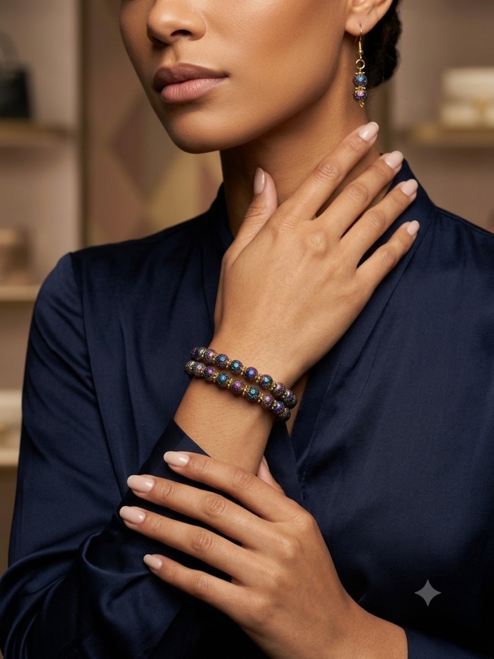 Rainbow Druzy Bracelet & Earrings Set Gold Accents Handmade Sparkle Jewelry - Picture 3 of 9